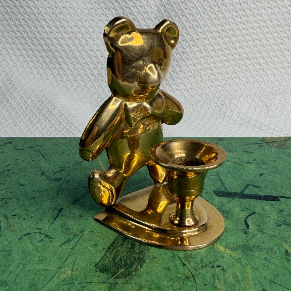 Vintage Solid Brass Teddy Bear Taper Candle Holder Nursery Decor 3.5 Inch